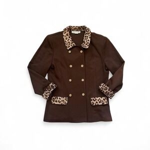 VTG brown leopard cheetah print trim double breasted gold button blazer‎
